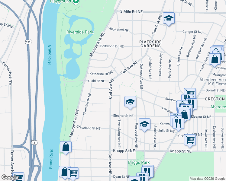 map of restaurants, bars, coffee shops, grocery stores, and more near 2305 Lawrence Street Northeast in Grand Rapids