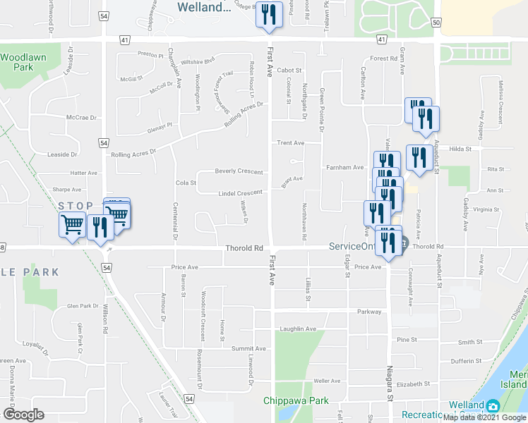 map of restaurants, bars, coffee shops, grocery stores, and more near 237 First Avenue in Welland