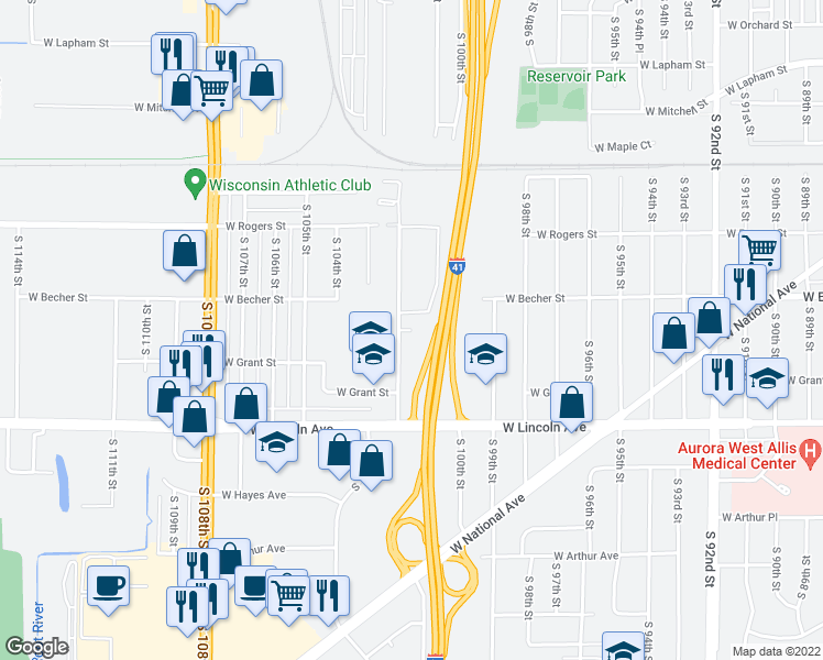 map of restaurants, bars, coffee shops, grocery stores, and more near West Grant Court in West Allis