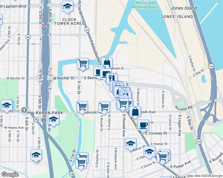 map of restaurants, bars, coffee shops, grocery stores, and more near 2173 South Kinnickinnic Avenue in Milwaukee