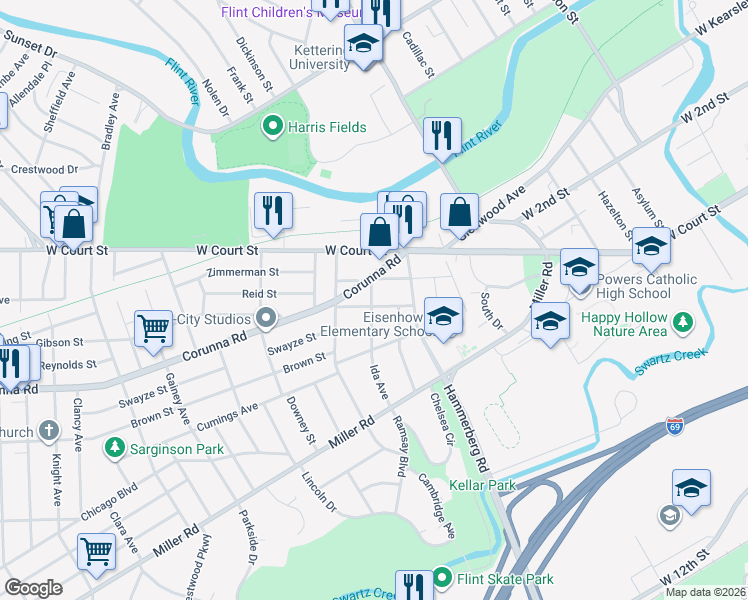 map of restaurants, bars, coffee shops, grocery stores, and more near 1941 Becker Street in Flint