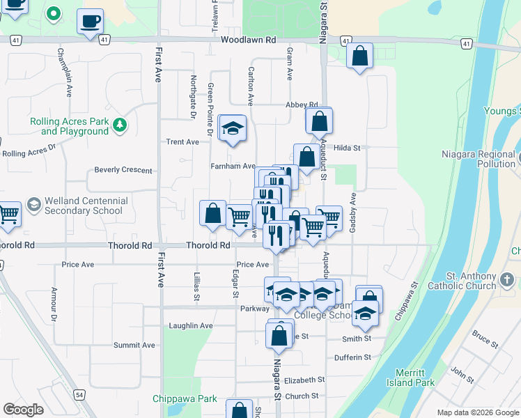 map of restaurants, bars, coffee shops, grocery stores, and more near 20 Carlton Avenue in Welland