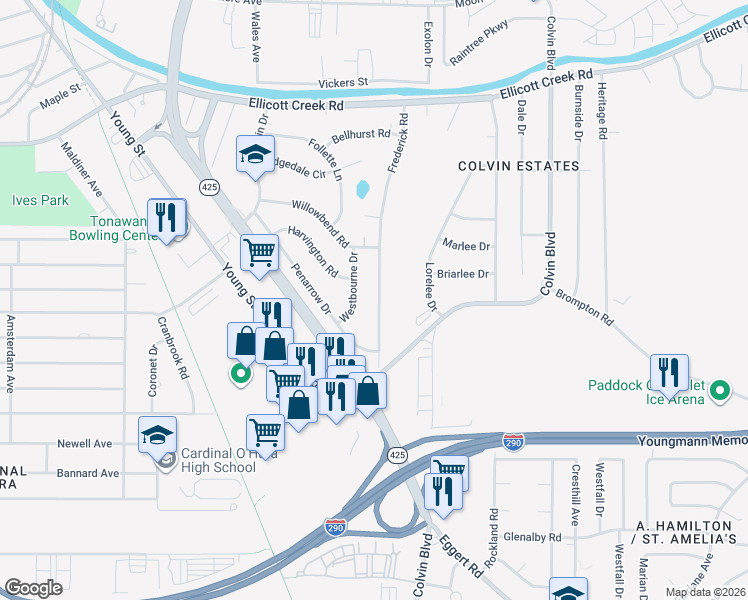 map of restaurants, bars, coffee shops, grocery stores, and more near 49 Westbourne Drive in Tonawanda
