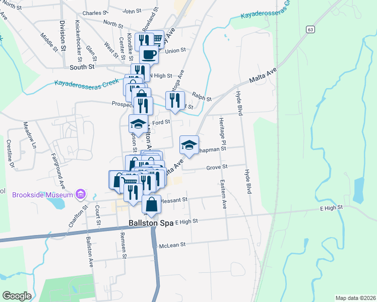 map of restaurants, bars, coffee shops, grocery stores, and more near 99 Malta Avenue in Ballston Spa