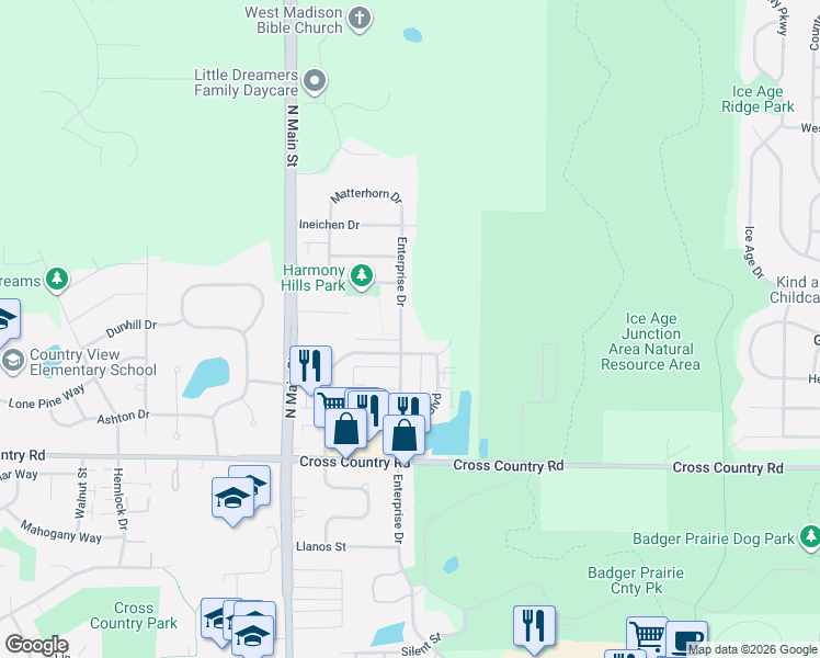 map of restaurants, bars, coffee shops, grocery stores, and more near 1201 Enterprise Drive in Verona
