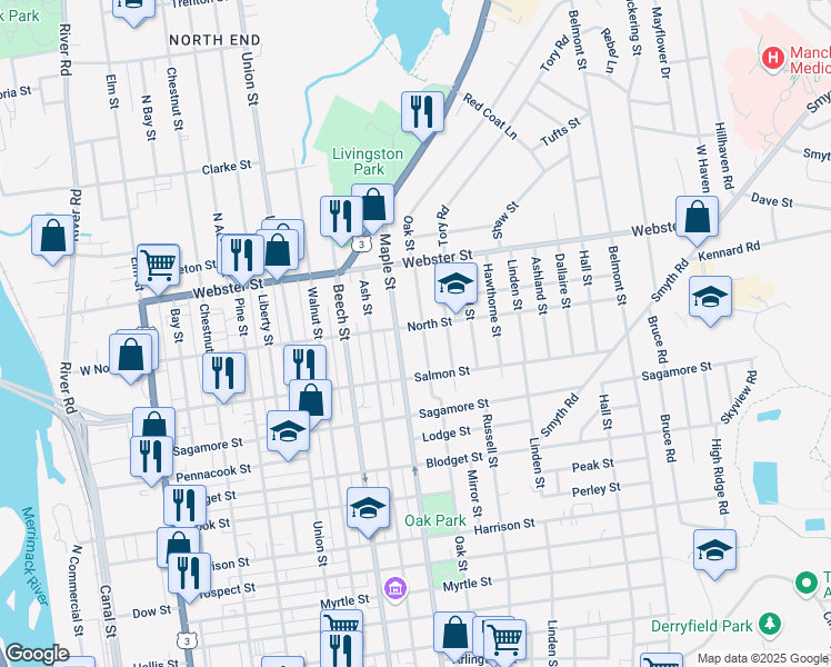 map of restaurants, bars, coffee shops, grocery stores, and more near 242 Oak Street in Manchester