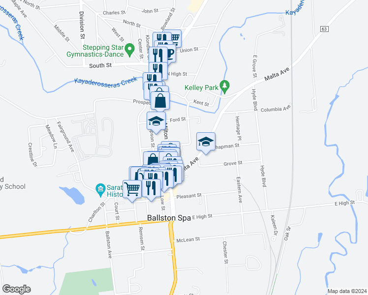 map of restaurants, bars, coffee shops, grocery stores, and more near 10 Liberty Street in Ballston Spa