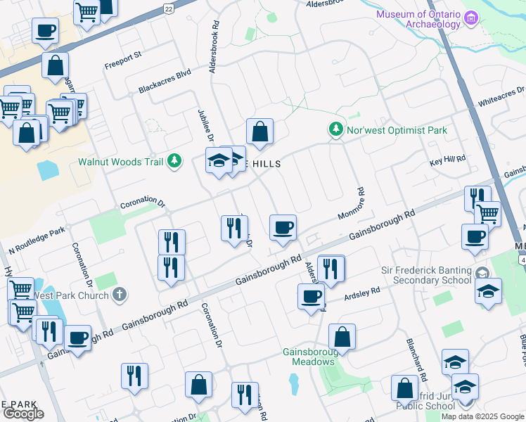 map of restaurants, bars, coffee shops, grocery stores, and more near 1543 Aldersbrook Road in London