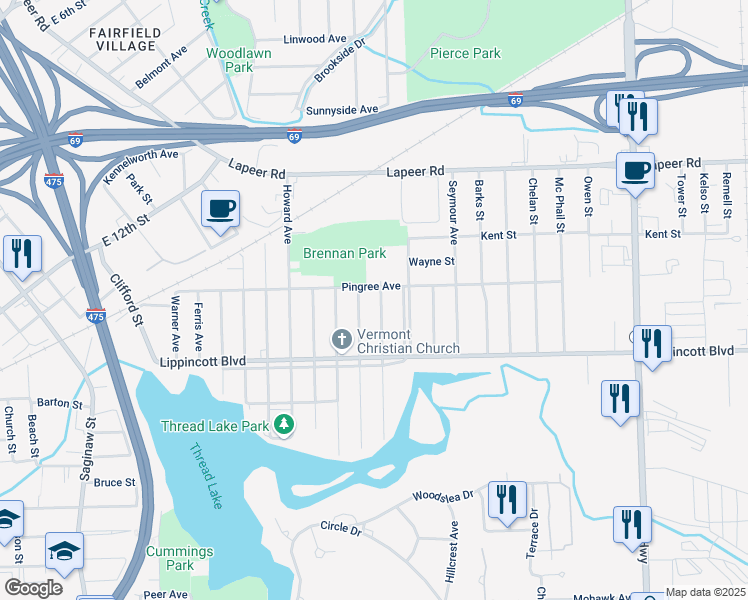 map of restaurants, bars, coffee shops, grocery stores, and more near 2022 Maybury Avenue in Flint