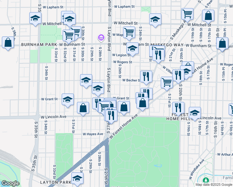 map of restaurants, bars, coffee shops, grocery stores, and more near 2174 South 26th Street in Milwaukee