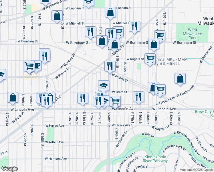 map of restaurants, bars, coffee shops, grocery stores, and more near 2168 South 61st Street in West Allis