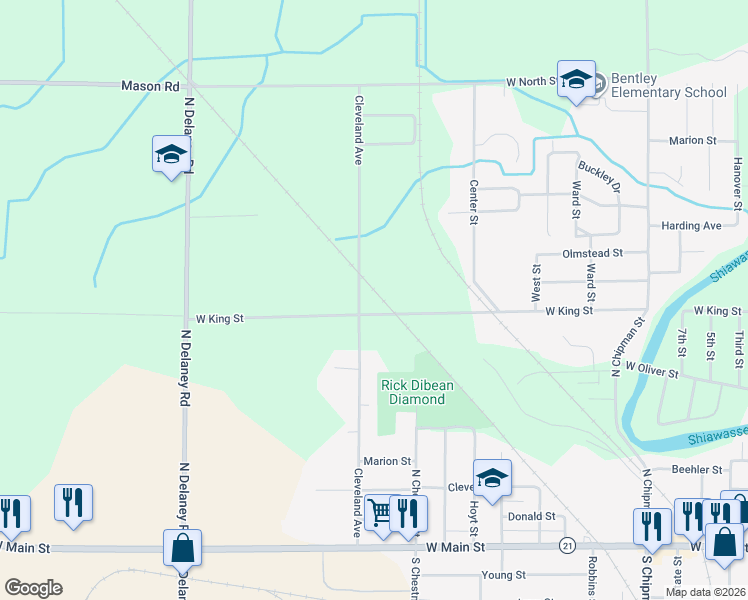 map of restaurants, bars, coffee shops, grocery stores, and more near 1500 West King Street in Owosso