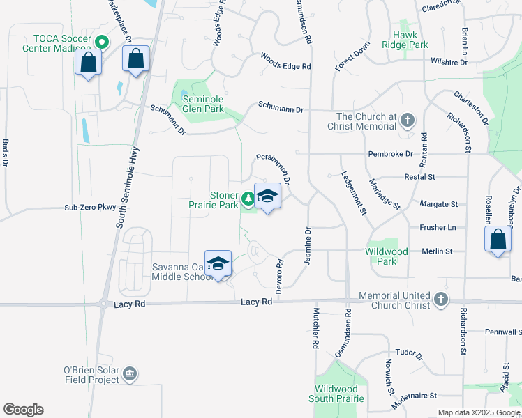 map of restaurants, bars, coffee shops, grocery stores, and more near 5849 Scarlet Drive in Fitchburg