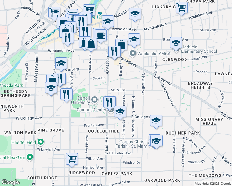 map of restaurants, bars, coffee shops, grocery stores, and more near 123 McCall Street in Waukesha
