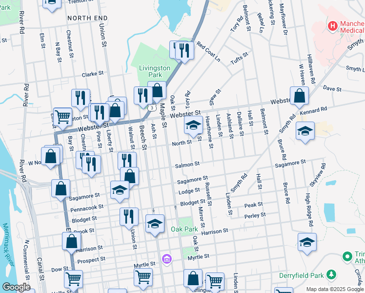 map of restaurants, bars, coffee shops, grocery stores, and more near 231 Oak Street in Manchester