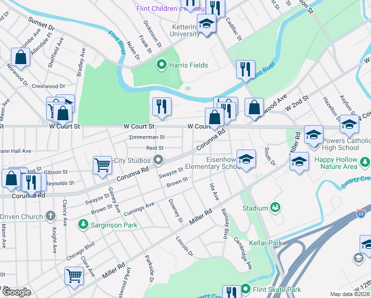 map of restaurants, bars, coffee shops, grocery stores, and more near 2211 Corunna Road in Flint