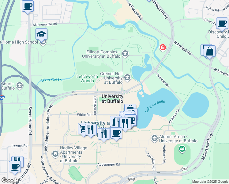map of restaurants, bars, coffee shops, grocery stores, and more near John James Audubon Parkway in Buffalo