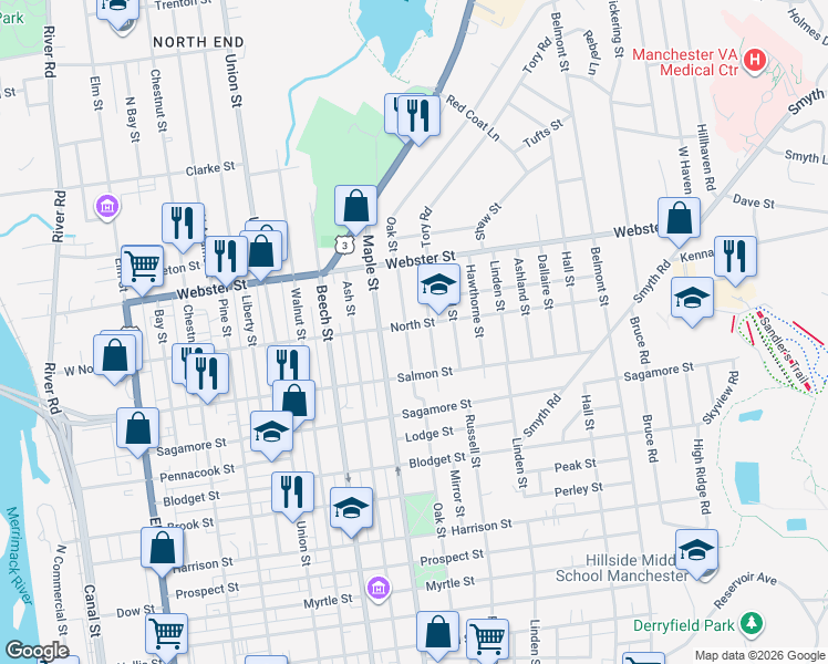 map of restaurants, bars, coffee shops, grocery stores, and more near 243 Oak Street in Manchester
