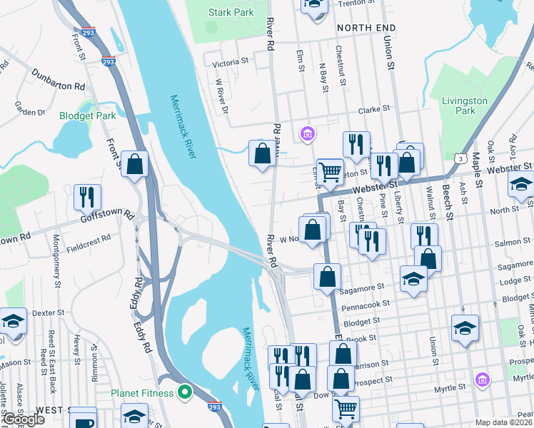 map of restaurants, bars, coffee shops, grocery stores, and more near 150 River Road in Manchester