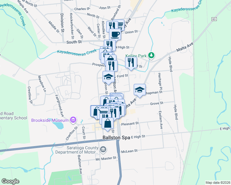 map of restaurants, bars, coffee shops, grocery stores, and more near Milton Avenue & Van Buren Street in Ballston Spa