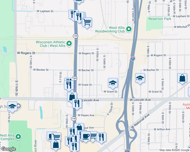 map of restaurants, bars, coffee shops, grocery stores, and more near 2154 South 106th Street in West Allis
