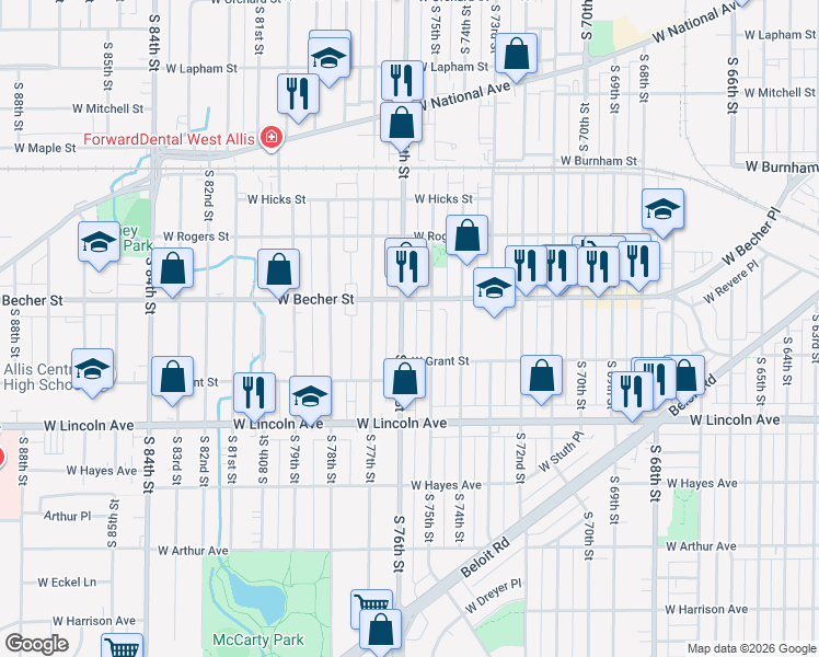 map of restaurants, bars, coffee shops, grocery stores, and more near 2161 South 75th Street in West Allis