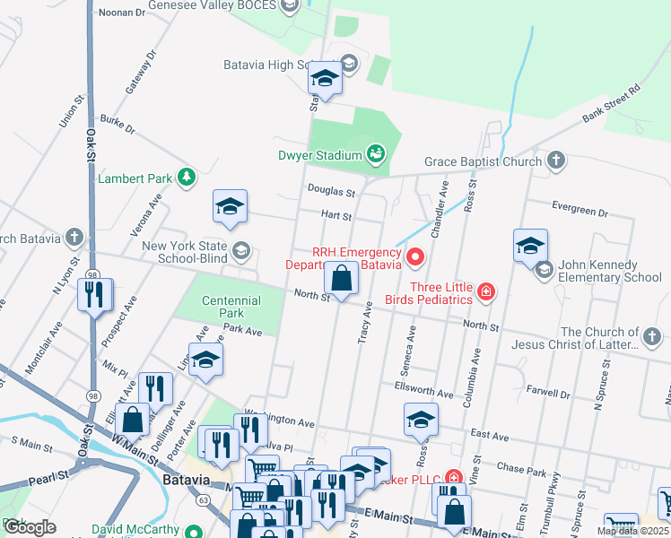 map of restaurants, bars, coffee shops, grocery stores, and more near 206 Bank Street in Batavia
