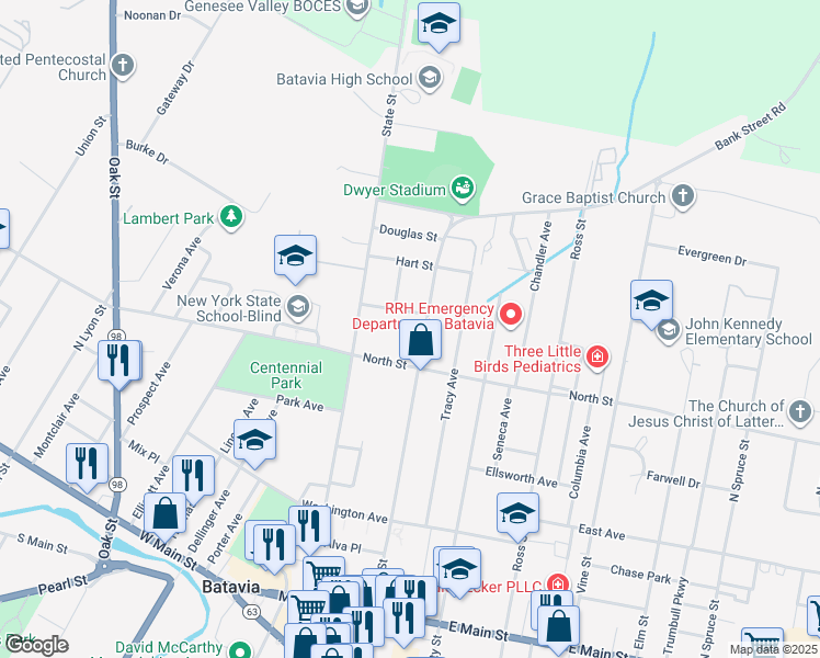 map of restaurants, bars, coffee shops, grocery stores, and more near 206 Bank Street in Batavia