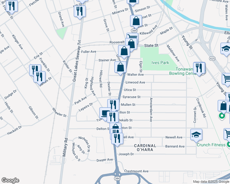 map of restaurants, bars, coffee shops, grocery stores, and more near 510 Delaware Street in Tonawanda