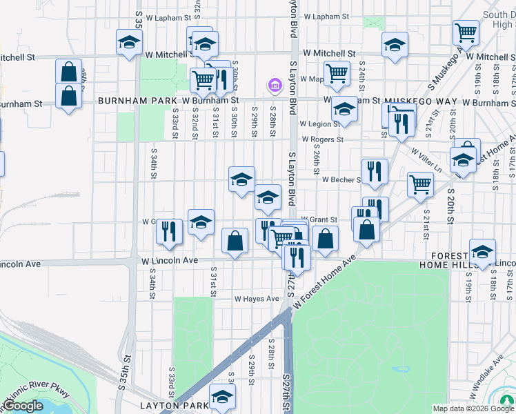 map of restaurants, bars, coffee shops, grocery stores, and more near 2175 South 28th Street in Milwaukee