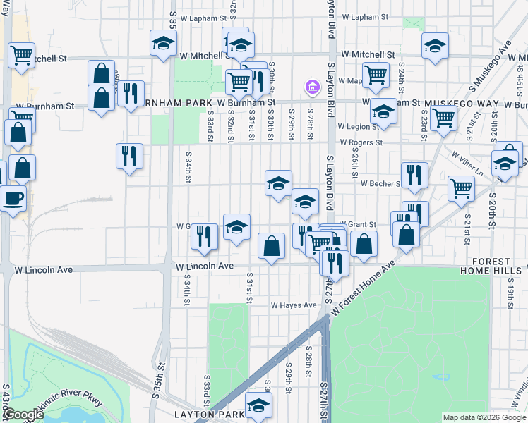 map of restaurants, bars, coffee shops, grocery stores, and more near 2176 South 31st Street in Milwaukee