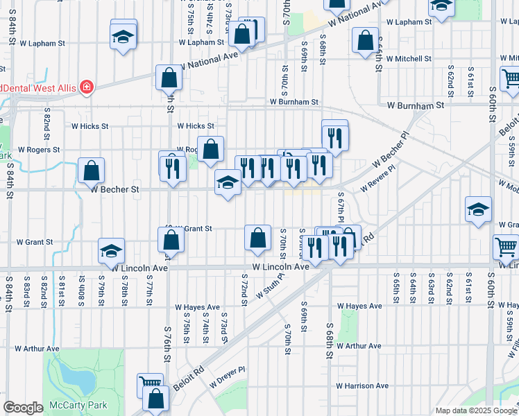 map of restaurants, bars, coffee shops, grocery stores, and more near 2159 South 71st Street in West Allis