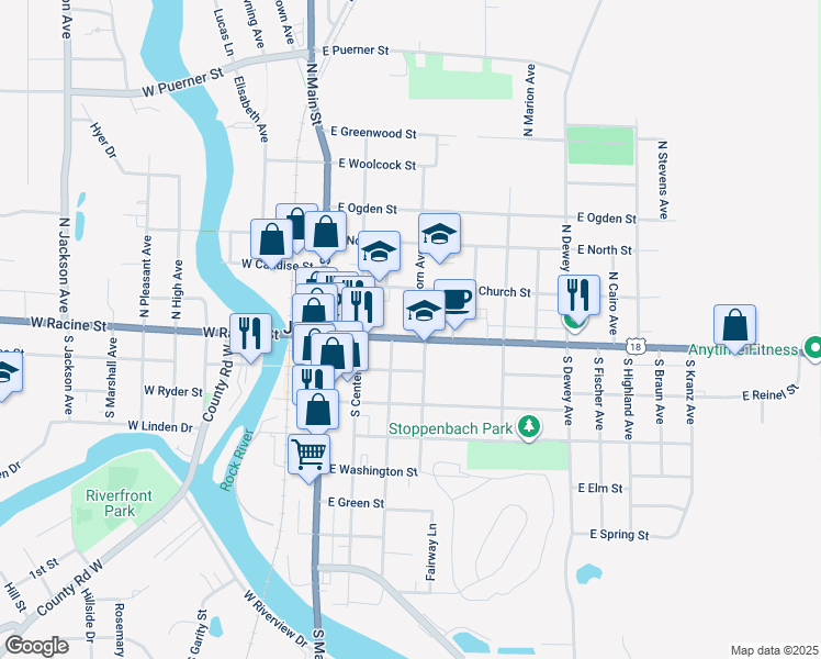 map of restaurants, bars, coffee shops, grocery stores, and more near 103 Whitewater Avenue in Jefferson