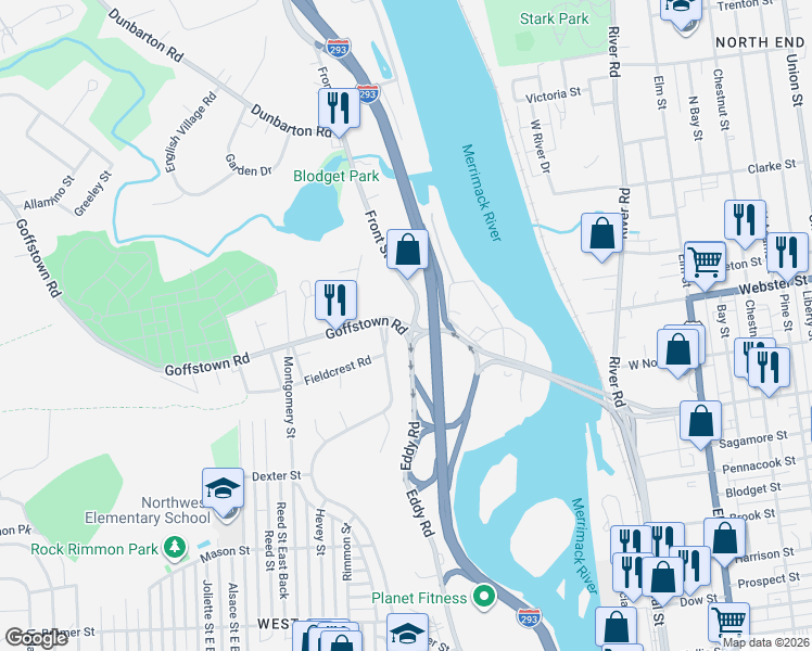 map of restaurants, bars, coffee shops, grocery stores, and more near Goffstown Road in Manchester