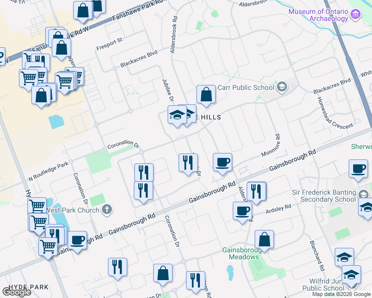 map of restaurants, bars, coffee shops, grocery stores, and more near 19 Tanoak Drive in London