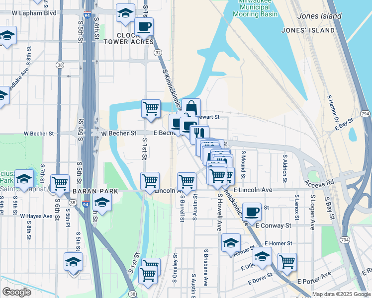 map of restaurants, bars, coffee shops, grocery stores, and more near 2151 South Robinson Avenue in Milwaukee