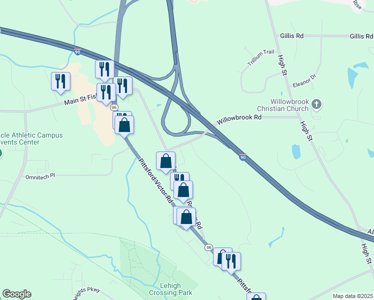 map of restaurants, bars, coffee shops, grocery stores, and more near 7401 Willowbrook Road in Victor