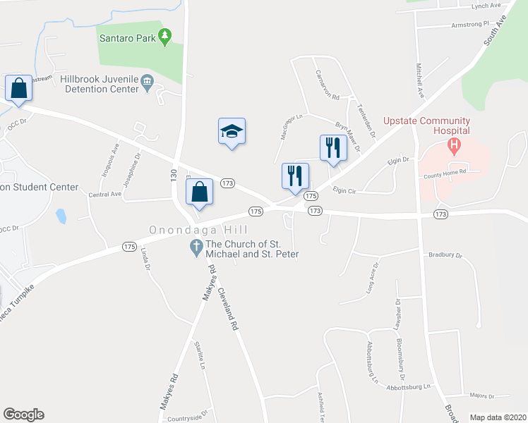 map of restaurants, bars, coffee shops, grocery stores, and more near 4864 West Seneca Turnpike in Syracuse