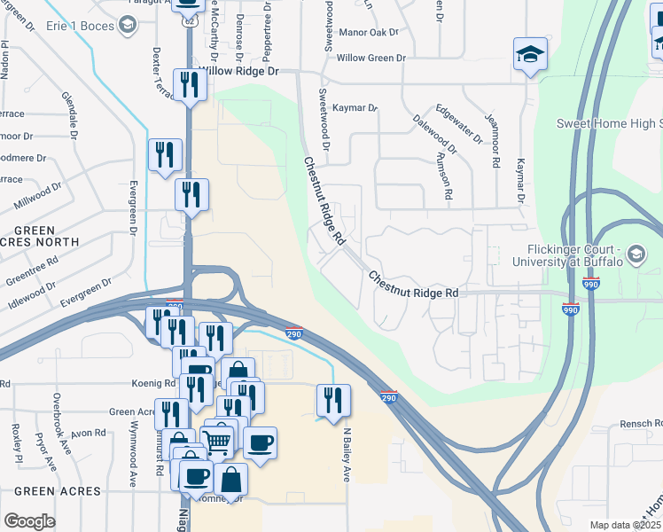 map of restaurants, bars, coffee shops, grocery stores, and more near 4315 Chestnut Ridge Road in Buffalo