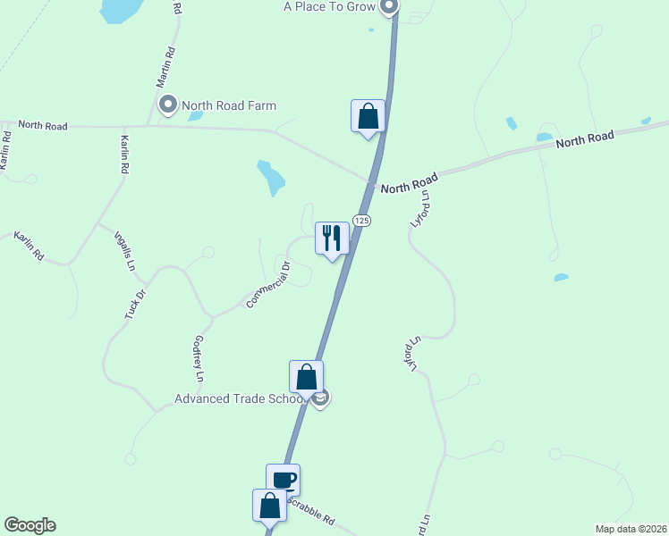 map of restaurants, bars, coffee shops, grocery stores, and more near 370 New Hampshire 125 in Brentwood