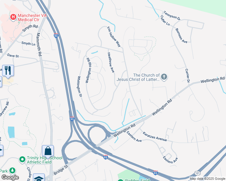 map of restaurants, bars, coffee shops, grocery stores, and more near 191 Wellington Hill Road in Manchester