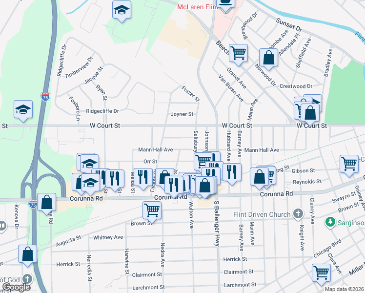 map of restaurants, bars, coffee shops, grocery stores, and more near 3828 Mann Hall Avenue in Flint