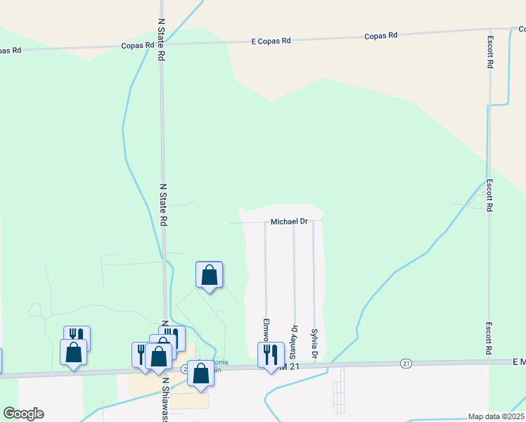 map of restaurants, bars, coffee shops, grocery stores, and more near 110 Elmwood Drive in Corunna