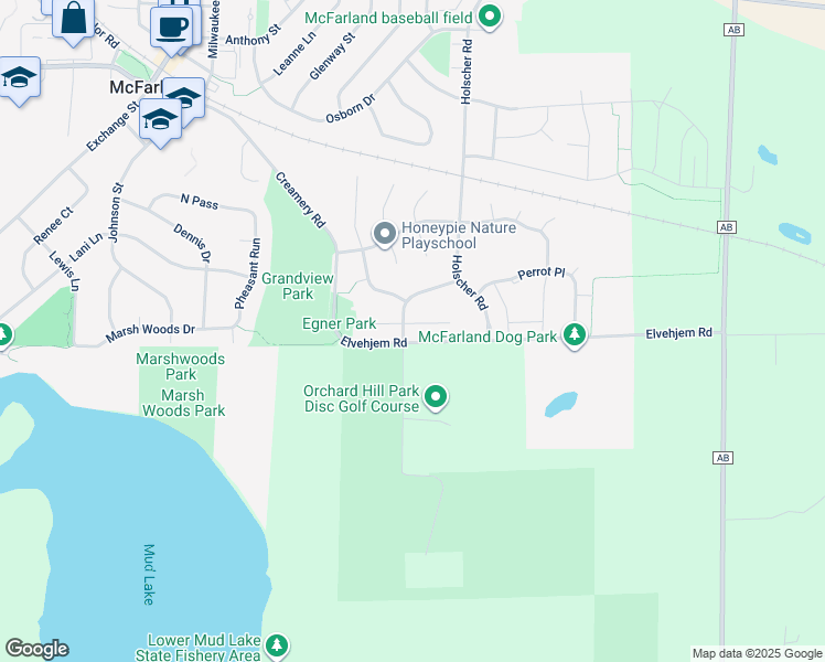 map of restaurants, bars, coffee shops, grocery stores, and more near 6405 Hidden Farm Road in McFarland