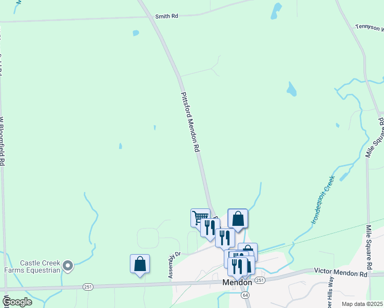 map of restaurants, bars, coffee shops, grocery stores, and more near 1273 Pittsford Mendon Road in Mendon
