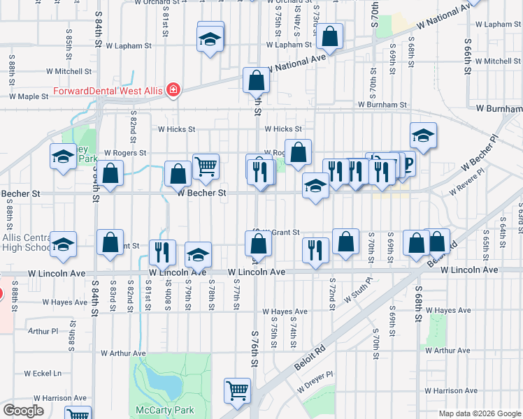 map of restaurants, bars, coffee shops, grocery stores, and more near 2161 South 75th Street in West Allis