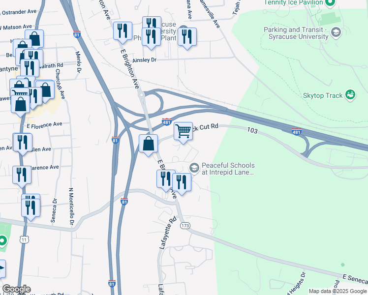map of restaurants, bars, coffee shops, grocery stores, and more near 833 East Brighton Avenue in Syracuse