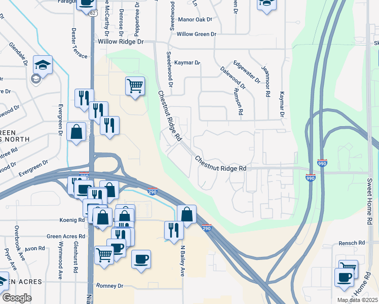 map of restaurants, bars, coffee shops, grocery stores, and more near 4357 Chestnut Ridge Road in Buffalo