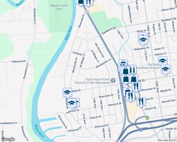 map of restaurants, bars, coffee shops, grocery stores, and more near 2920 19th Avenue in Port Huron