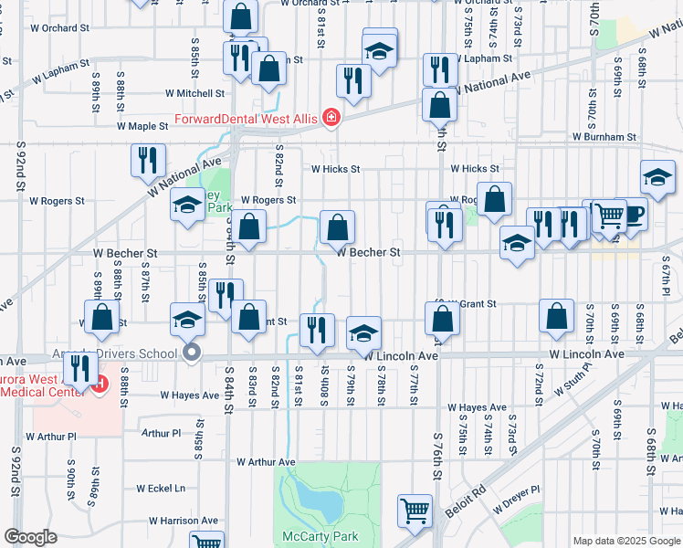 map of restaurants, bars, coffee shops, grocery stores, and more near 2156 South 80th Street in West Allis